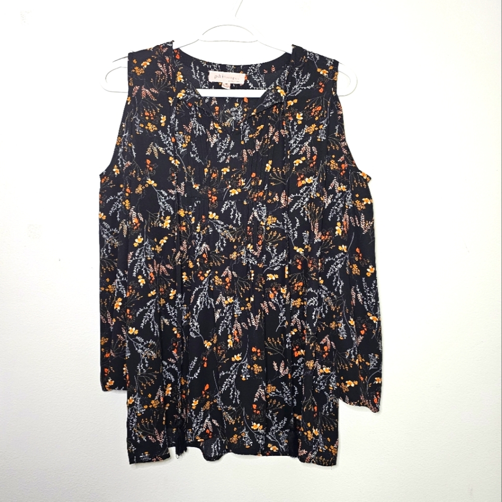 Black Floral Boho Cold Shoulder Peasant Flare Sleeve Blouse